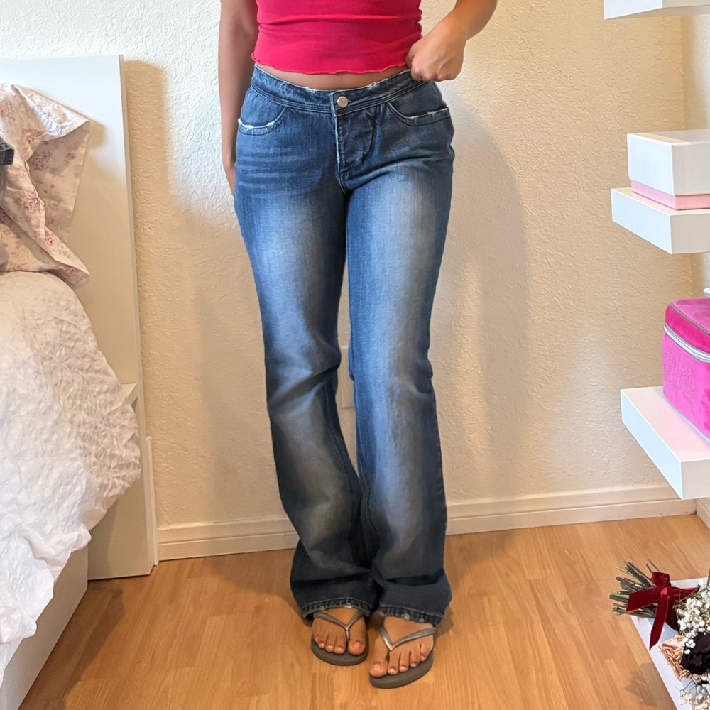 Y2K denim. Dollhouse Women's Low Rise Faded Blue Jeans.